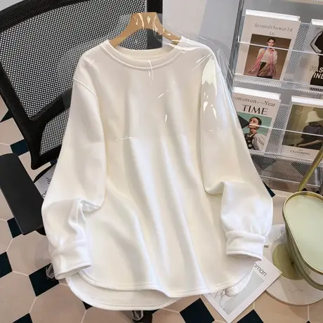 秋冬加绒打底衫女大码中长款胖mm显瘦圆领内搭ins潮加厚白色上衣商品大图