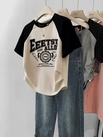 街头风短款T恤大码女装插肩袖短袖ins潮夏季新款设计感甜辣小上衣商品大图