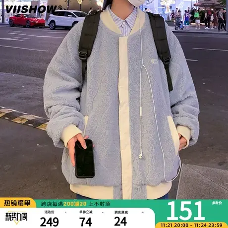 VIISHOW两面穿秋冬季新品潮牌宽松外套棉衣男日系复古刺绣拼色商品大图