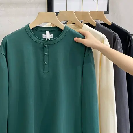 新款日系复古长袖t恤纯棉春秋厚款上衣休闲百搭亨利领打底卫衣男商品大图