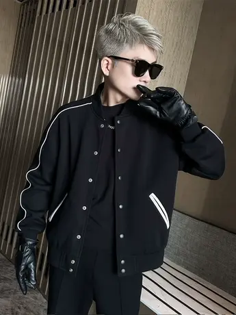 2023秋季新款明线条纹拼接小外套男潮修身棒球领夹克单排扣上衣潮图片