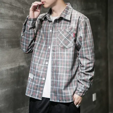 春秋款男装潮牌翻领衬衫春季痞帅排扣衬衣春天格子衫长袖上衣外套商品大图
