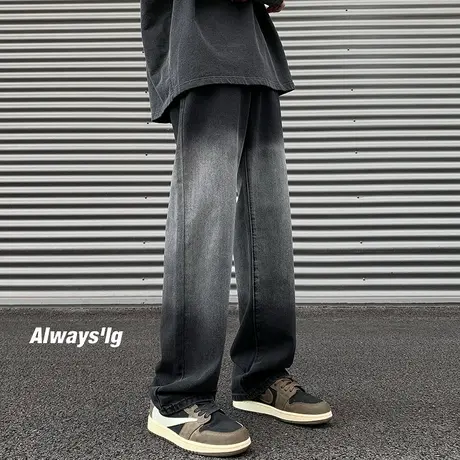 渐变做旧牛仔裤男春夏季宽松高街ins港风裤子潮牌坠感直筒阔腿裤商品大图