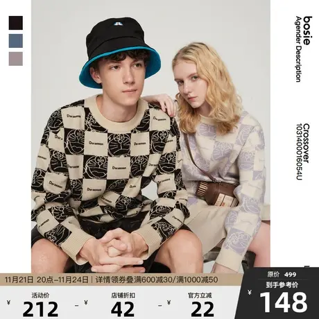 【哆啦A梦】bosie2023秋季新款毛衣男情侣棋盘格学院套头针织衫潮商品大图