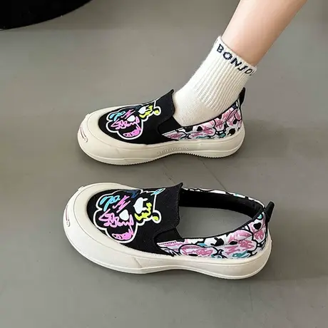 懒人一脚蹬玛丽珍单鞋女2023秋季新款厚底百搭小众涂鸦休闲乐福鞋图片