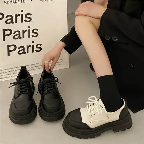 复古英伦风小皮鞋女夏季2023新款百搭厚底增高单鞋系带拼色乐福鞋商品大图