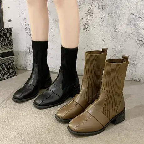 弹力布马丁靴女春秋2023新款中筒针织袜靴半筒配裙子粗跟绒面短靴图片