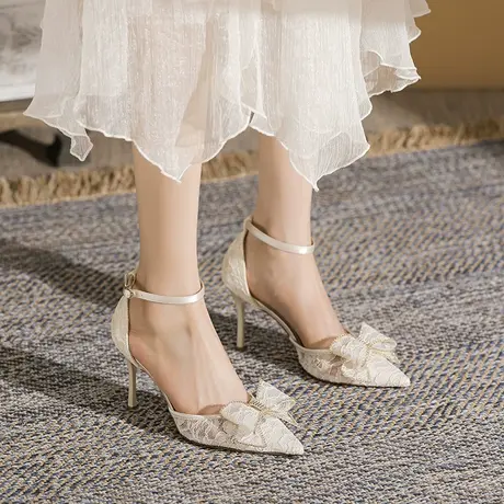 一字带高跟鞋女2024年春夏季新款蝴蝶结网纱尖头凉鞋法式细跟单鞋商品大图