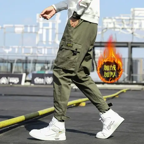 美式工装裤男大码弹力宽松小脚束脚加绒加厚胖子军绿加肥加大秋冬商品大图