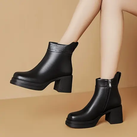 时尚简约冬季新款真皮女靴气质高跟厚底舒适软皮头层牛皮女士短靴商品大图