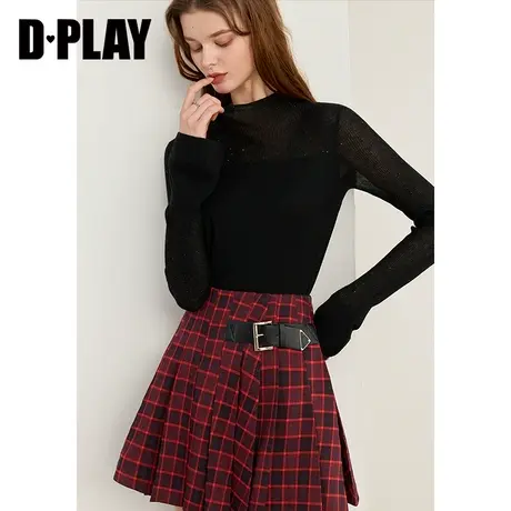 DPLAY秋冬优雅气质半高领黑色微透羊毛针织衫时尚内搭上衣商品大图