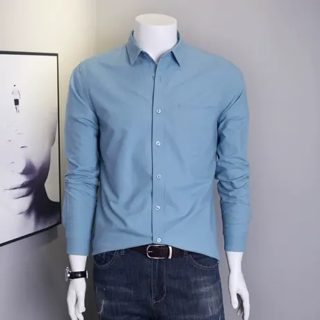 格慕施纯棉男士牛津纺长袖衬衫春秋潮流休闲蓝色宽松大码衬衣外套图片