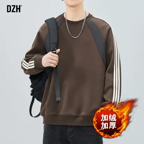 男士加绒加厚卫衣男2024新款美式棕色衣服男款秋冬圆领打底衫内搭图片