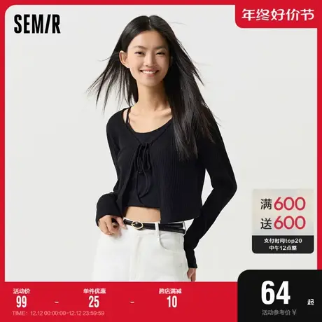 森马长袖T恤女短款蝴蝶结V领纯色2024春新款紧身肌理针织开衫辣妹图片