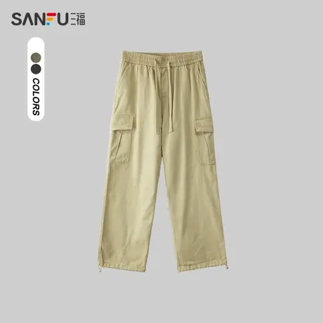 三福2024春季男士洗水工装休闲裤 潮流宽松橡筋腰长裤男480990商品大图