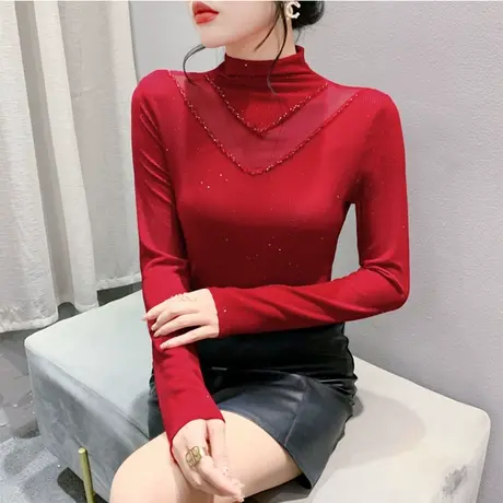 性感网纱拼接重工钉珠秋冬新款长袖打底衫女洋气内塔上衣修身T恤图片