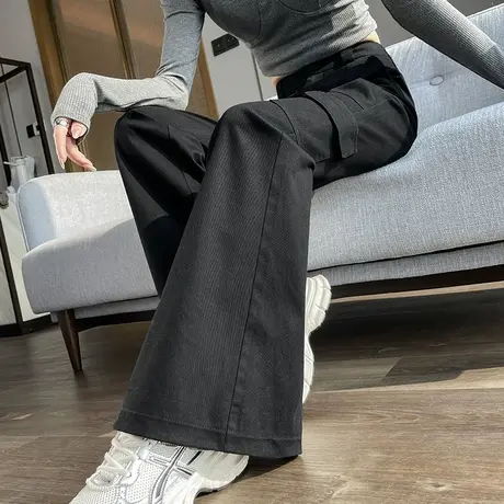 休闲工装微喇裤女2024春秋新款高腰显瘦修身马蹄裤直筒垂感喇叭裤商品大图