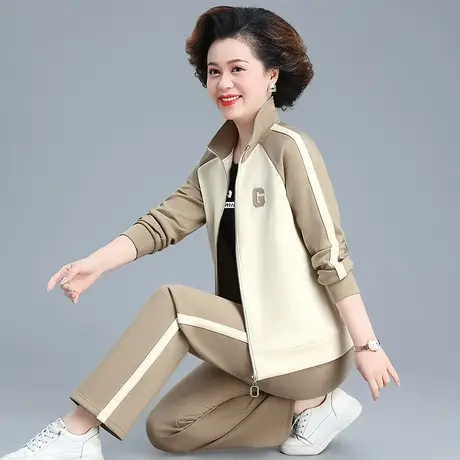 女士休闲运动服套装2024年春季新款中年妈妈装洋气棉质外套三件套商品大图