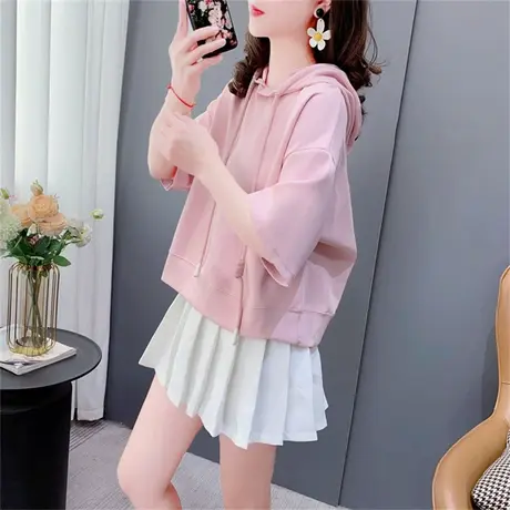 粉色短款夏季短袖T恤女2023新款小个子宽松连帽体恤薄款半袖卫衣图片