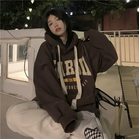 抽绳连帽卫衣女大码秋冬加绒加厚设计感小众美式复古hiphop外套潮商品大图