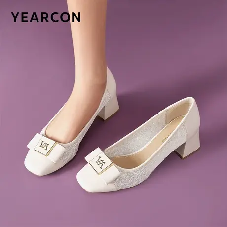 意尔康女鞋2024春夏浅口单鞋网纱透气粗跟方头气质方扣通勤职业鞋商品大图