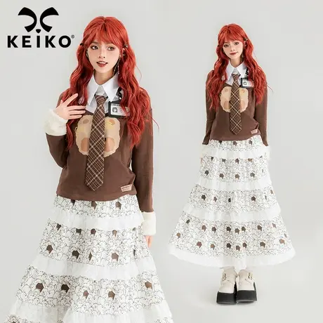 KEIKO 学院风假两件式上衣女2024春夏美拉德穿搭质感绒面长袖t恤图片