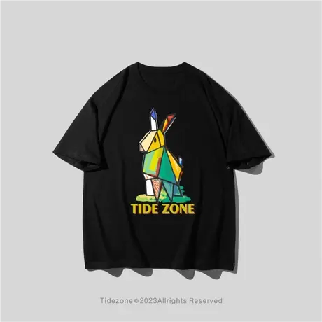 Ohlyah彩色木马字母印花纯棉男女休闲宽松青少年圆领短袖T恤潮牌商品大图