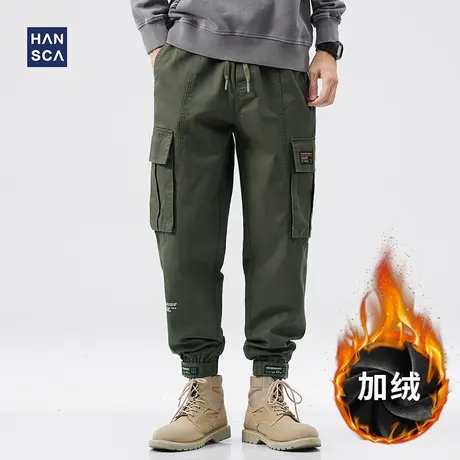 hansca工装裤男秋冬美式潮牌复古休闲军绿色加绒加厚宽松束脚长裤商品大图