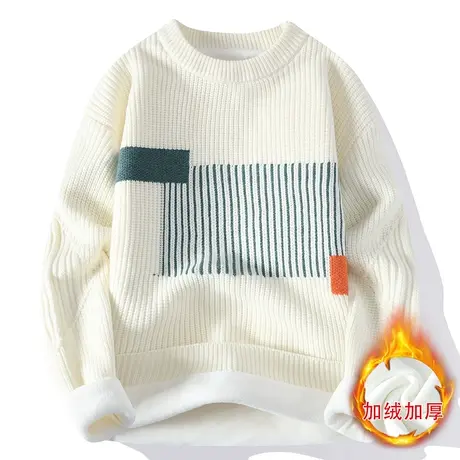 圆领毛衣男冬季加绒加厚2023新款针织衫男宽松慵懒风青少年毛线衣商品大图