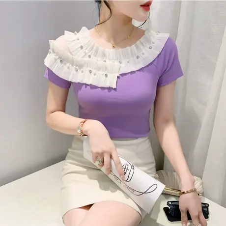 性感一字肩短袖T恤欧货女装设计感木耳边钉钻上衣修身百搭打底衫商品大图