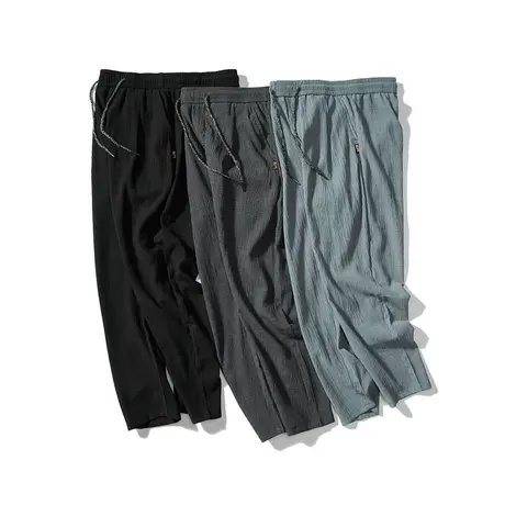 夏季2022新款冰丝亚麻休闲长裤子九分宽松加肥加大码薄款运动裤男商品大图