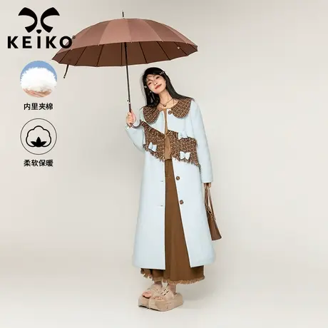 KEIKO [夹棉] 花呢拼接毛呢大衣女长款过膝秋冬设计感呢子外套厚商品大图