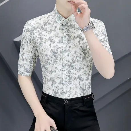 冰丝衬衫男短袖潮流痞帅气碎花竹纤维抗皱免烫五分半中袖薄款衬衣商品大图