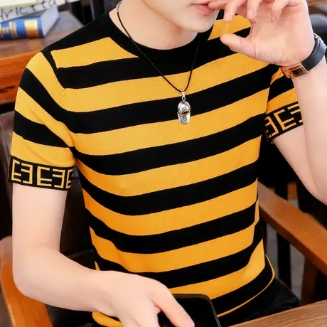 男士冰麻短袖t恤条纹撞色冰丝圆领半袖夏装上衣2023新款夏季衣服商品大图