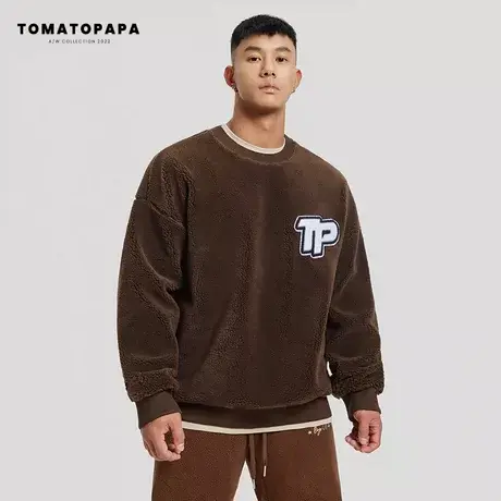 TOMATOPAPA原创设计冬季保暖卫衣男圆领宽松落肩羊羔绒毛巾绣上衣商品大图