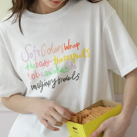 omont蛋挞家 复古蜡笔风印花短袖T恤女夏百搭宽松轻磨毛体恤上衣商品大图