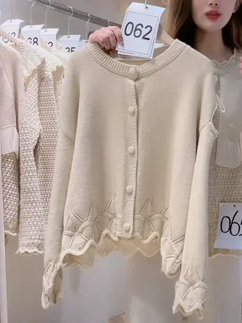 慵懒高级感针织开衫女2023早秋新款宽松甜美花边软糯奶系毛衣外套商品大图