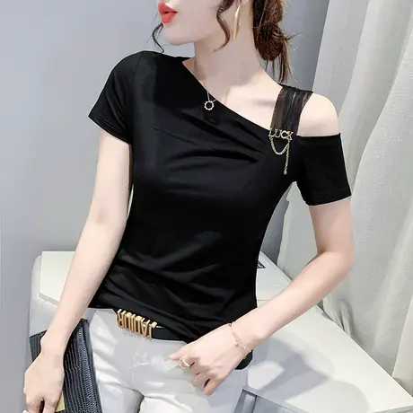 女装2023新款潮性感露肩T恤女短袖夏季洋气百搭上衣显瘦心机小衫商品大图