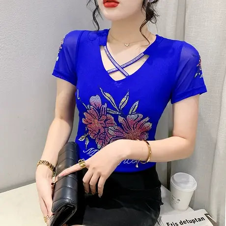 性感V领网纱上衣女短袖欧货重工烫钻T恤百搭显瘦小衫洋气别致半袖商品大图