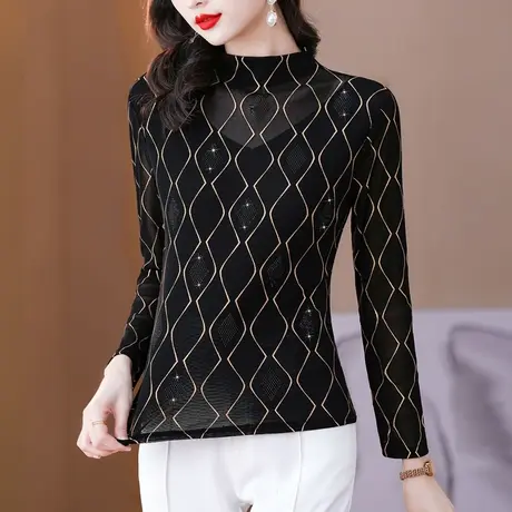 半高领加绒长袖打底衫女2023秋冬新款时尚烫钻洋气遮肚显瘦t恤女图片