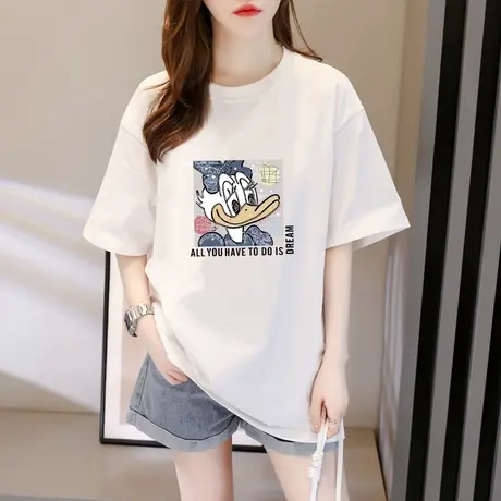 短袖t恤女中长款上衣2023年夏季新款卡通印花宽松大码纯棉体恤潮商品大图