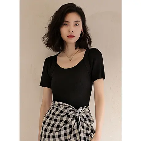 弥古法式黑色针织衫上衣高级感冰丝薄款短袖t恤女夏修身显瘦体恤图片