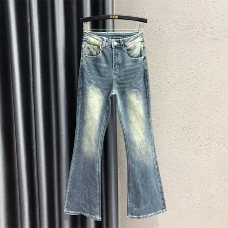 韩版2023秋季新款复古百搭高腰牛仔裤女弹力磨白设计感显瘦微喇裤图片
