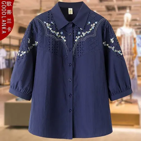 大码中年胖妈妈夏装女士纯棉衬衫宽松洋气刺绣中老年女七分袖上衣商品大图