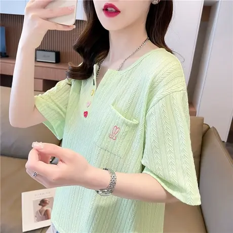 小个子短袖t恤女夏季韩版宽松大码女装小众设计感正肩v领半袖上衣图片