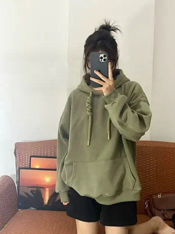 连帽卫衣女秋冬加绒加厚宽松慵懒风设计感小众美式复古外套上衣潮商品大图