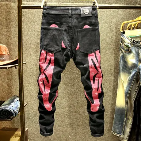 新款黑色牛仔裤男潮牌修身小脚2023秋韩版潮流ins撞色灯芯绒裤子商品大图