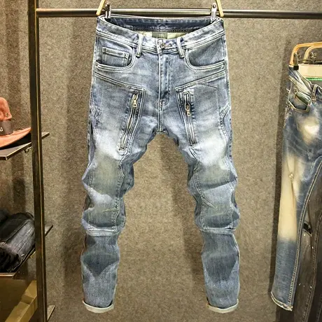 男士个性拼接牛仔裤潮牌机车多口袋小脚裤高街时尚百搭修身长裤子图片