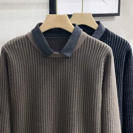 高级感衬衫领潮流男士毛衣2023冬季新款假两件针织衫加厚休闲毛衫商品大图
