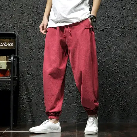 新中式中国风棉麻休闲裤男束脚宽松胖子国潮盘扣唐装哈伦九分裤商品大图